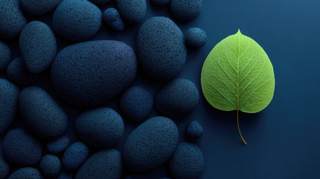 A vibrant green leaf rests against a backdrop of dark, smooth stones. The composition utilizes a contrasting color palette and soft lighting. The arrangement suggests harmony and the natural world, suitable for conceptual visual content in various commercial contexts. It can be used in projects to illustrate concepts.の素材