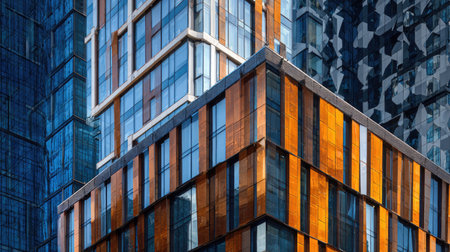This image showcases contemporary architecture featuring geometric buildings. The composition highlights the angular forms and textures, with reflective glass and a copper facade. The lighting accentuates the interplay of colors and shadows, suggesting a daytime setting. Ideal for commercial applications and design projects.の素材