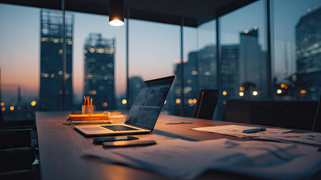 A well-lit office interior features a laptop on a desk, papers, and office supplies. The setting showcases a panoramic view of a city skyline at dusk, bathed in warm colors. This image could be suitable for business, technology, or editorial content and other applications.の素材