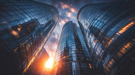 This image showcases a low-angle view of several skyscrapers against a backdrop of a colorful sunset. The buildings, constructed with reflective glass, appear to pierce the sky. The composition emphasizes lines and angles, with the lighting creating depth and dimension. Suitable for various business or design purposes.の素材