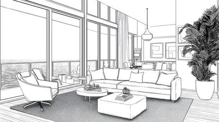 This black and white sketch depicts a modern living room setting. The scene showcases a sofa, chairs, and a coffee table, complemented by large windows overlooking a scenic view. The design features clean lines and a minimalist style, suitable for various editorial and commercial applications. The composition uses overhead lighting.の素材