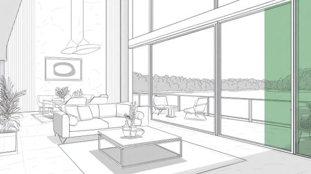 This black and white interior rendering depicts a spacious living area with a sofa, coffee table, and large windows. The scene presents a high-ceilinged room with a minimalist design. Outside is a natural scene of trees and water. Suitable for illustrating architectural concepts, design, and commercial applications.の素材