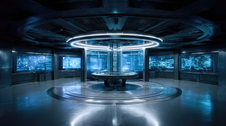 This image showcases a futuristic interior with advanced technology. The scene features multiple display screens and a central illuminated structure, bathed in blue light. The composition highlights geometric forms and reflective surfaces, suggesting a high-tech environment. Suitable for editorial and commercial applications related to innovation and design.の素材