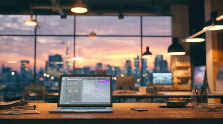 An open office interior features a laptop on a wooden desk with a cityscape visible through large windows. Warm colors, including orange and blue, illuminate the space. Soft lighting and a blurred background create a comfortable environment, suitable for various business and editorial applications.の素材