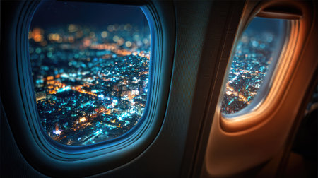 The image shows the view from two airplane windows with city lights at night. The cityscape is vibrant with illuminated buildings, creating a visually interesting composition. Warm and cool tones create a dynamic contrast. This could be used for travel, technology, or commercial purposes.の素材
