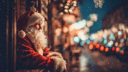An image presents Santa Claus gazing out of a window. He is wearing his iconic red suit with a white beard. The scene is illuminated by soft, warm light with bokeh effect and a snowy ambiance creating a sense of wonder and anticipation. This visual could be used for various festive designs.の素材