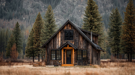 A wooden cabin stands centered, showcasing textured, weathered walls and a dark roof. Framing the cabin are tall, evergreen trees against a blurred background suggesting a wooded environment. The image uses a muted color palette with natural tones, suggesting a peaceful, outdoor context for various potential commercial uses.の素材