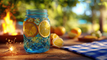 A glass jar filled with a vibrant blue liquid and citrus fruit slices sits on a wooden surface. The scene is illuminated by warm sunlight, suggesting an outdoor setting. The composition includes a blue and white checkered cloth and out-of-focus elements. This image could be used for food and beverage promotions.の素材