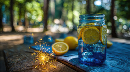 A glass jar filled with sliced lemons and blue liquid is placed on a wooden table. A sparkler is lit, emitting bright sparks. The composition features vivid colors, soft focus background of trees. This image is suitable for promotional materials, or editorial content.の素材