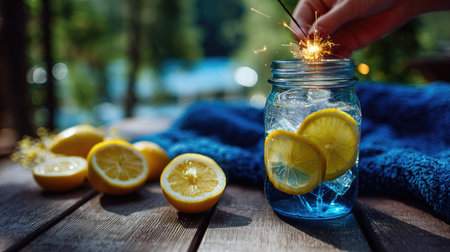 A close-up shot captures a hand holding a sparkler over a mason jar filled with lemonade and lemon slices. The image showcases the freshness of the beverage against a wooden surface and a blurry outdoor backdrop. The composition features vibrant colors, suggesting the potential for commercial or decorative applications.の素材