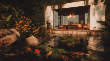 An inviting outdoor dining space is presented with an adjacent pond and a backdrop of verdant foliage. Warm lighting illuminates the interior and reflects in the water, creating a serene atmosphere. This composition has potential applications for architectural visualization, lifestyle imagery, and design publications.の素材