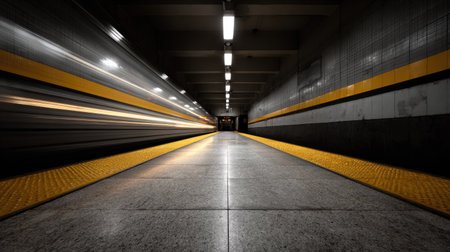 A long, dark subway platform is illuminated by overhead lights. The central focus is on a speeding train, indicated by streaks of light. Yellow and black lines provide visual emphasis. The composition suggests a sense of motion and travel, possibly for commercial or editorial applications.の素材