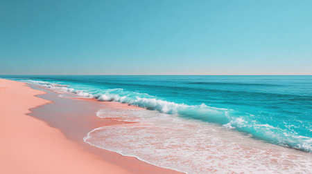 A serene beach scene displays waves crashing onto pink sand. The image presents vibrant blue water contrasting with the pastel-colored sand. The sky is clear, suggesting a sunny day. This image is suitable for various applications, including promotional materials or website backgrounds.の素材