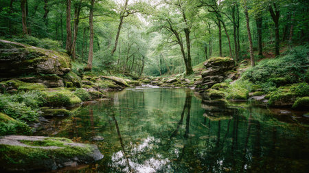 A calm forest scene showcases a reflective body of water surrounded by dense trees. The image presents vibrant green hues, with textured moss-covered rocks and a natural composition. The lighting suggests a daytime environment. This image could be suitable for various commercial uses, including environmental themes.の素材