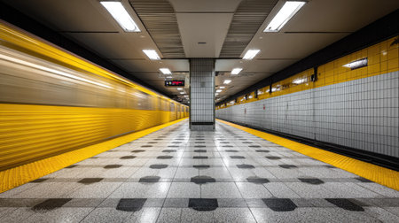 A long perspective view inside a subway station featuring a speeding train. The scene presents a combination of gray, yellow, and white colors with overhead lighting. Its clean design and symmetrical composition offer a modern aesthetic suitable for various commercial uses and presentations.の素材