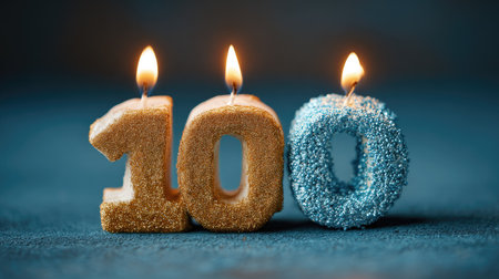 The image features three candles arranged to form the number 100. Each candle is lit, with flames casting a warm glow. The composition showcases a close-up shot against a blue backdrop. This visual could be utilized in various commercial projects, including celebratory or commemorative themes.の素材