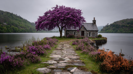 A stone cottage sits on a small island, connected by a path. A vibrant purple tree dominates the scene. The landscape features a lake and lush hills under an overcast sky. This image may be suitable for travel, nature, or residential themes for various commercial applications.の素材