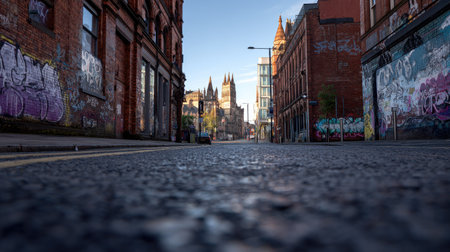 An urban street scene is presented with buildings on either side. The architecture features brickwork, while graffiti adorns some walls. The composition is centered on the road, leading the eye toward distant structures against a blue sky. This image may be suitable for a variety of editorial or commercial purposes.の素材
