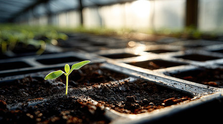 A close-up view presents a small seedling emerging from dark soil in a seed tray. The image showcases the sprout's vibrant green leaves and delicate stem. Soft sunlight filters through, illuminating the scene within a greenhouse or similar environment. The photograph is suitable for agricultural, ecological, or educational applications.の素材