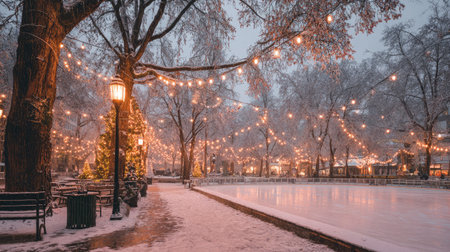 A tranquil winter scene depicts an ice rink surrounded by snow-covered trees and a pathway. String lights illuminate the space. Soft lighting creates a warm ambiance. This image can be used for various commercial purposes, including holiday themes and editorial content.の素材