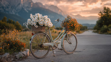 A bicycle with baskets overflowing with flowers is parked on a road. The image showcases a vintage aesthetic, using warm tones and soft lighting to create a serene ambiance. The composition includes a mountain backdrop and road. This image is suitable for various commercial uses, including advertising and editorial content.の素材