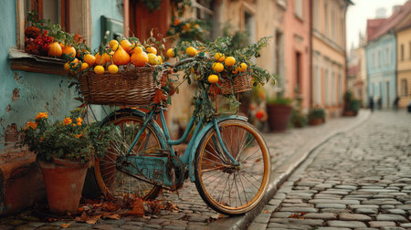 A classic bicycle, adorned with overflowing baskets of citrus fruit and flowering plants, is positioned on a cobblestone street. The scene is bathed in soft daylight, revealing colorful buildings in the background. The image's composition and vibrant hues lend themselves well to commercial and editorial applications, offering a sense of charm.の素材