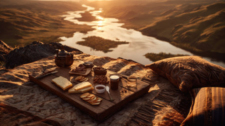A wooden platter, laden with cheese, crackers, and condiments, sits atop a blanket on a mountain. The image captures a scenic overlook of a meandering river and distant hills. Warm sunlight bathes the scene, highlighting textures and colors. This image can be used for travel, culinary, and outdoor lifestyle concepts.の素材