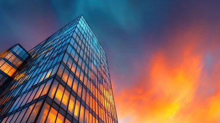 A tall glass skyscraper dominates the view, its reflective surface mirroring the vibrant hues of a sunset. The composition emphasizes the building's geometric form and architectural design. The image features a dynamic interplay of colors, suitable for commercial projects related to real estate or urban development themes.の素材