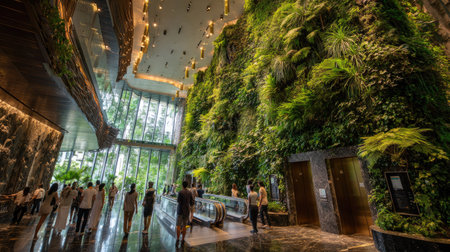 An interior shot showcases a large, green wall filled with plants in a modern atrium. People are seen walking within the space. The scene features natural light, a high ceiling, and architectural details. It could be suitable for illustrating concepts of sustainability and urban design, as well as editorial and commercial purposes.の素材
