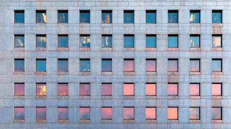 The image features a building facade comprised of numerous square windows, exhibiting reflections of sky tones. The composition is symmetrical, highlighting a modern architectural style. Sunlight casts various color patterns onto the surface. This imagery could be employed for architectural, design, or commercial purposes.の素材