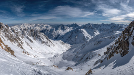 This panoramic image features a vast, snow-covered mountain range under a clear blue sky. The scene showcases crisp white snow contrasting with rugged rock formations and a vibrant, expansive sky. The composition emphasizes depth, with sunlight illuminating the landscape. Suitable for use in a variety of commercial and editorial projects.の素材