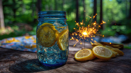 A close-up captures a blue glass jar filled with clear liquid and lemon slices. The image showcases bright yellow lemons against a blurred backdrop of green foliage. Sparklers are lit and lemons are placed on a wooden surface, suggesting an outdoor gathering. Suitable for editorial and commercial use.の素材