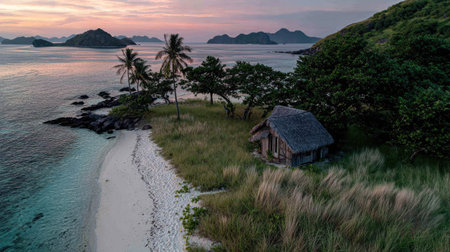 An aerial view presents a small, weathered cabin on a sandy beach, accompanied by palm trees and lush greenery. The composition features a serene coastal landscape with islands in the distance and a soft sunset glow. This image offers a sense of tranquility and could be suitable for various commercial or editorial applications.の素材