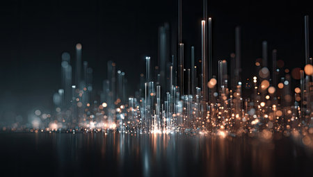 An abstract digital artwork depicts a city-like structure constructed from luminous vertical lines. The composition employs a dark background with bokeh-like highlights, creating a sense of depth. The color palette primarily features blue and orange tones. The image could be used for technology articles and creative designs.の素材