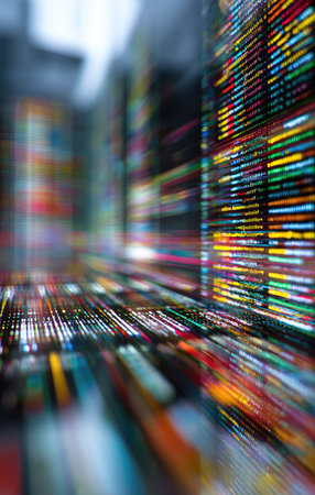 This image showcases a vibrant, abstract composition featuring a simulated flow of digital data. The visual incorporates streaks of various colors, conveying a sense of movement and interconnectedness. The composition likely represents data visualization or information processing, suitable for various editorial and commercial applications. The scene may represent the concept of technology.の素材