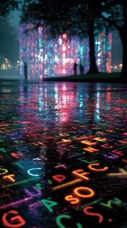 An illuminated digital display dominates the scene, reflecting vibrant neon colors onto a wet surface. The image showcases an abstract composition with a play of light and shadow, highlighting textures and contrasts. Possible uses include advertising, website design, and creative projects, conveying a sense of modernism.の素材