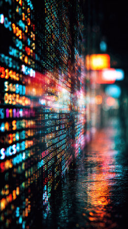 An abstract image depicts a wall of data illuminated by vibrant lights. The composition features a shallow depth of field, emphasizing the blurred information and colorful streaks. The scene evokes a futuristic setting, with possible applications in technology, finance, or design projects. The style suggests commercial or editorial use.の素材