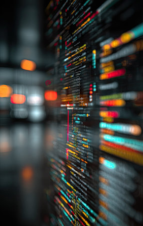 An artistic representation of digital data is shown, featuring lines of code in various colors against a dark background. The image has a shallow depth of field, with blurred elements creating a sense of movement. Suitable for illustrating technology, networks, or digital concepts. Potential use in advertising or editorial design.の素材