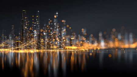 An abstract cityscape is depicted with numerous glowing lights. Warm orange and cool white tones illuminate the architectural forms, reflecting on a dark, reflective surface. The composition suggests a nighttime setting, possibly indicating a focus on technological advancement and urban infrastructure, suitable for various editorial and commercial applications.の素材