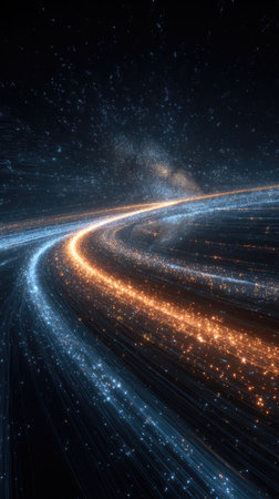 An abstract, futuristic image shows glowing streaks traversing across a dark space background. The streaks are rendered in vibrant blue and orange hues, suggesting energy and movement. The composition features a dynamic, curving path, possibly implying motion. Ideal for illustrating concepts related to technology, energy, and cosmic themes, suitable for various commercial uses.の素材