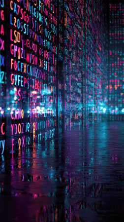 An illuminated digital display reflects onto a wet surface, creating a futuristic, abstract scene. Bold letters and numbers in vibrant colors populate the wall. The composition uses a low-angle perspective, emphasizing depth and texture. The lighting is artificial and creates a sleek, technological environment. Suitable for conceptual illustrations and creative projects.の素材