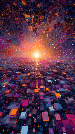 An abstract digital landscape features a radiant light source illuminating a structured environment. The composition showcases a perspective view with varying colors and textures. This artwork is suitable for various commercial uses, including website backgrounds and creative projects. The color palette incorporates shades of blue, orange, and purple, enhancing visual appeal.の素材