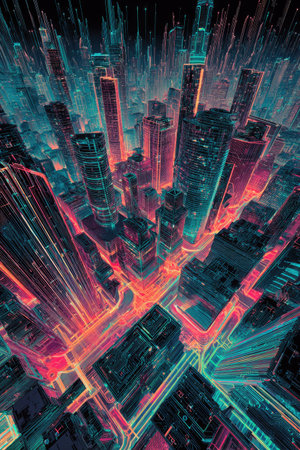 An illustration depicts a stylized cityscape bathed in vibrant neon colors. Tall buildings are rendered with sharp lines and intricate details, suggesting a high-tech environment. The composition employs an overhead perspective with contrasting hues, creating a dynamic sense of depth. Suitable for visual concepts related to technology, design, and modern urban themes, for commercial or editorial use.の素材