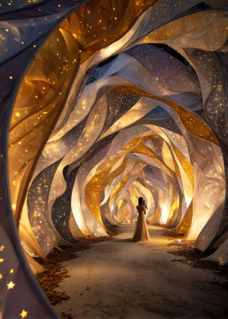 An artistic digital image depicts a woman standing in a luminous cave. The composition features flowing, abstract shapes in shades of gold, blue, and white, creating a dreamlike atmosphere. Soft lighting and textured surfaces enhance the ethereal quality. Suitable for illustrations and editorial content.の素材