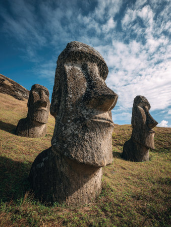 The image features several large stone statues on a grassy hillside under a partly cloudy blue sky. The statues are primarily gray, with rough textures suggesting age and weathering. The composition uses natural light to highlight the forms. This scene might be used for historical or travel-related content.の素材