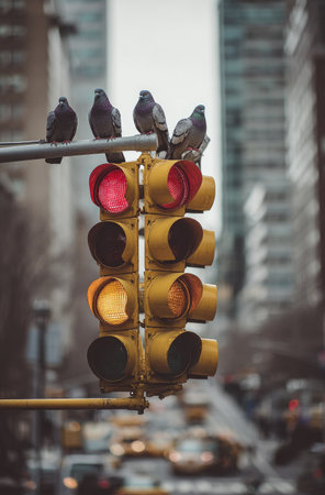 Four birds perch atop a yellow traffic light with red and yellow illuminated signals. The scene displays an urban environment with blurred city buildings in the background. The image has soft lighting and a shallow depth of field, possibly suitable for various commercial uses.の素材