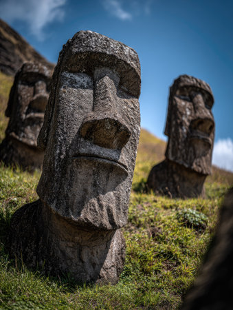 The image presents multiple weathered stone figures with prominent facial features. The figures are placed on a grassy hill under a blue sky, lit by sunlight. The composition emphasizes the monumental scale and textured surfaces. This imagery is suitable for editorial use, illustrating history, culture, or travel themes.の素材