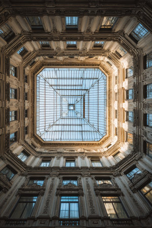 An upward-facing perspective showcases an interior architectural design featuring a glass roof. The symmetrical composition highlights geometric patterns, with detailed facade elements visible. The color palette includes earth tones with hints of blue. This image might be suitable for architectural design, urban development, or editorial content.の素材