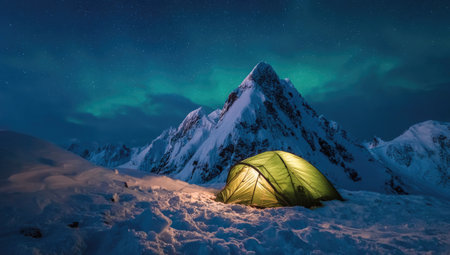 An illuminated tent sits below a snowy mountain range, under a vibrant night sky. The scene features a combination of bright and dark shades, creating visual contrast. The landscape may be suited for a variety of commercial and editorial purposes, including travel publications and promotional materials.の素材