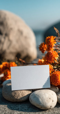 A white rectangular card rests on smooth gray rocks, accompanied by bright orange flowers. The composition features a natural outdoor setting, likely illuminated by sunlight, with a blurred backdrop. This image may be useful for presentations, invitations, or visual content requiring copy space for various editorial or commercial applications.の素材